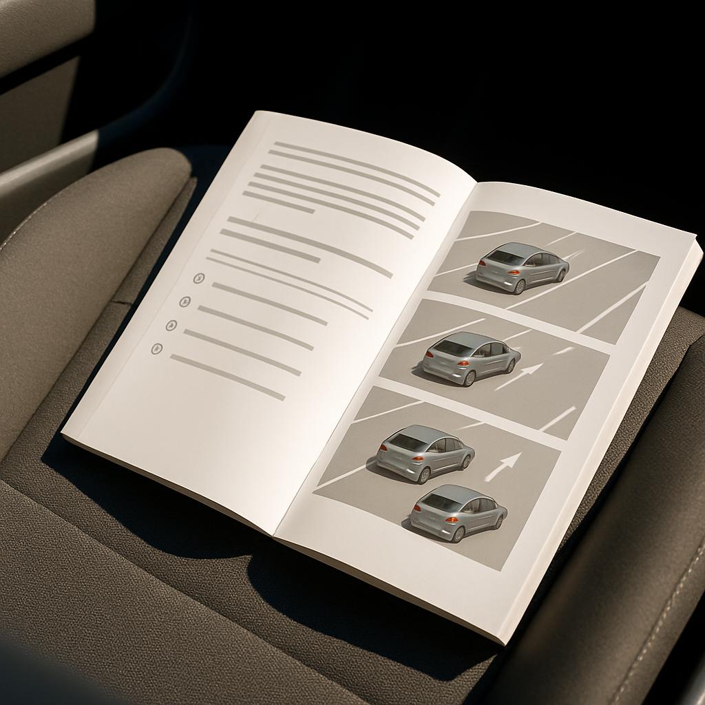 Open Highway Code logbook with diagrams of parked cars.